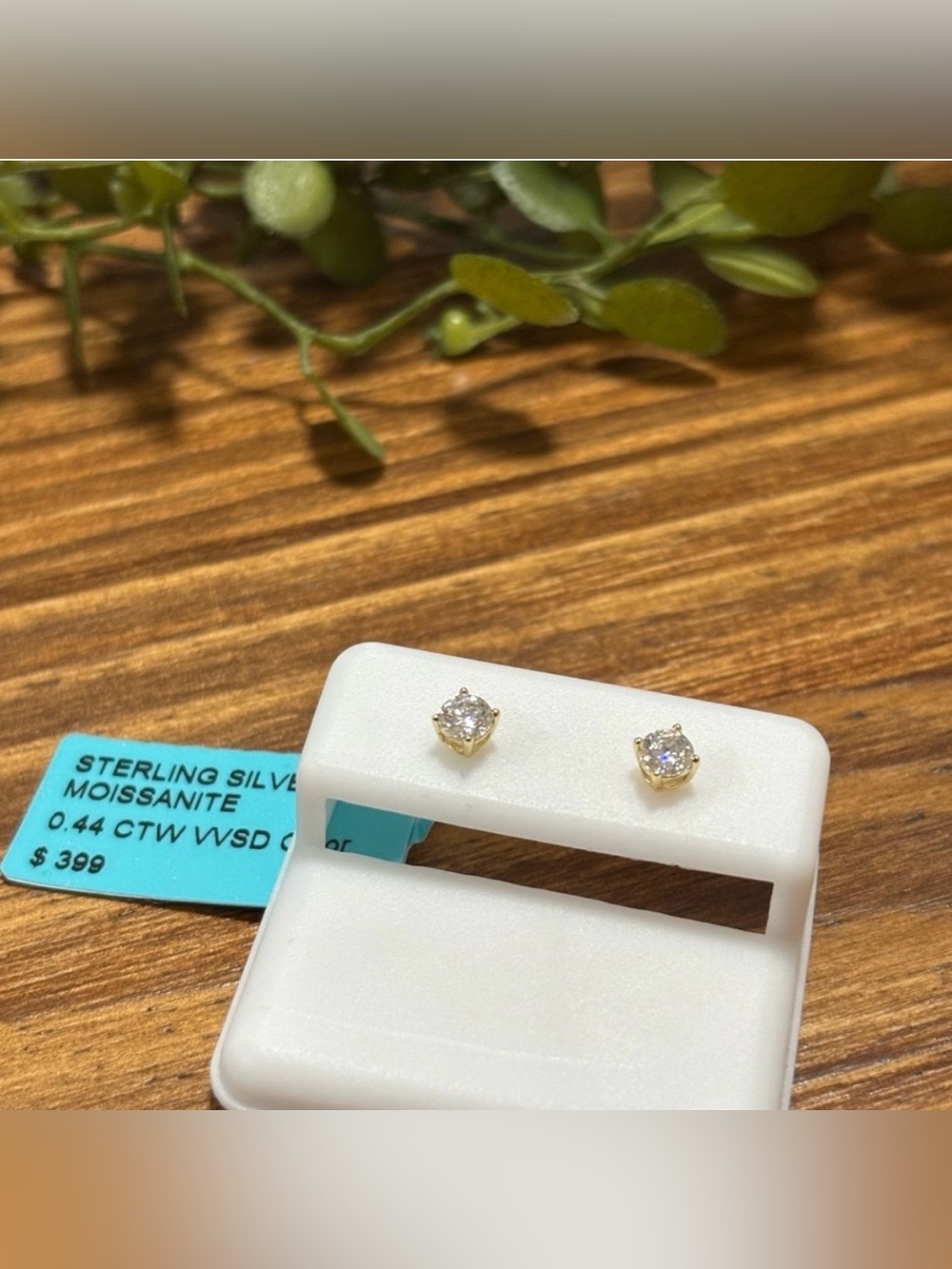 NWT White Moissanite Sterling Silver Stud Earrings Gold-Tone 0.44 CTW